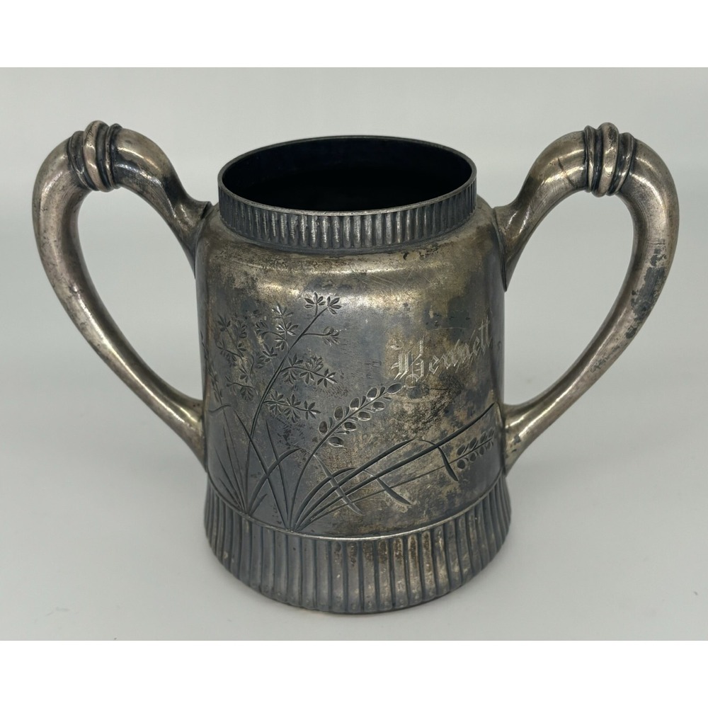 Antique Rogers Smith & Co Etched Silverplate Mug 1971 Floral Double Handled